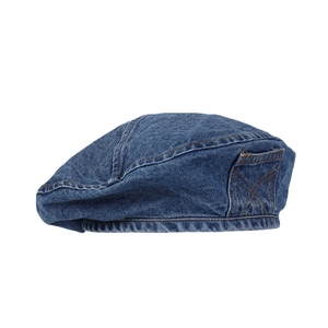 Retro dark blue denim beret with decorative side pocket and contrast stitching detail