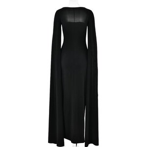 Detail view of black floor-length dress featuring elegant cape sleeves and flowing fabric