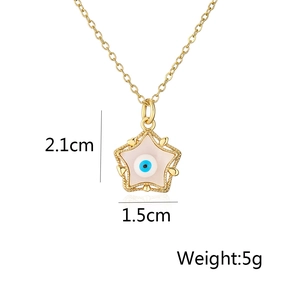 Detail view of gold-plated star pendant with evil eye showing size 2.1cm and 5g weight