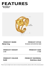 Detail view of adjustable gold stainless steel ring with eye symbol and 2.5g weight info