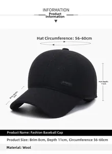 Detailed size chart for black wool winter baseball cap with ear flaps for men