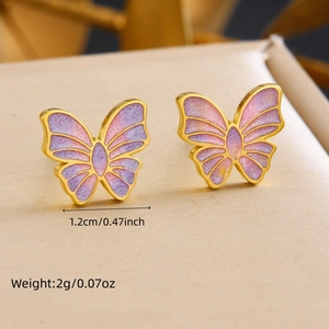 Orecchini a farfalla con sfumatura rosa e viola in acciaio inossidabile dorato glitter