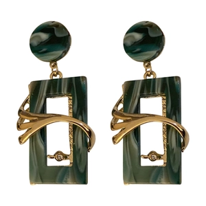 Retro geometric square drop earrings with green acrylic and sparkling rhinestones