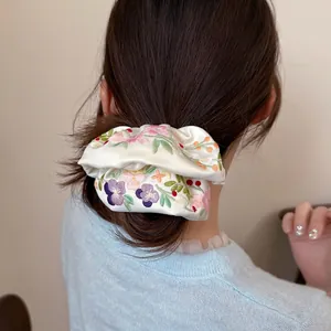 Embroidered Floral Satin Scrunchie Large Hair Tie Fresh Sweet Elastic Hair Rope For Women Girls Vintage Hair Accessories