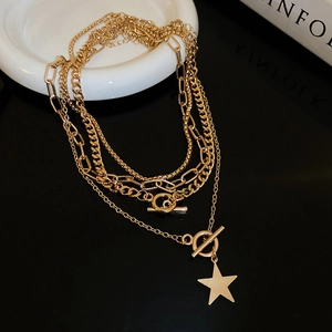 Multi-Layer Iron Star Pendant Necklace With OT Buckle Y2K Metallic Curb Chain Jewelry For Women