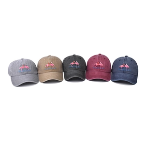Five assorted colors of washed cotton baseball caps featuring flamingo embroidery detail