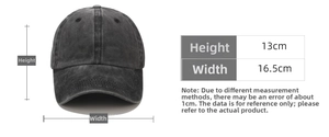 Size guide for vintage washed baseball cap showing 13cm height and 16.5cm width dimensions