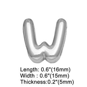 Macro shot of silver letter W charm with dimensions and polished 3D balloon effect