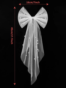 Detailed size view of white mesh pearl bow hairclip showing 18cm width and 45cm length