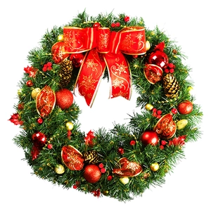 Detailed Christmas wreath with red bow, pine cones and golden ornaments on white background