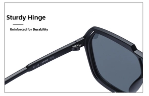 Close-up of the durable metal hinge and white size specs on matte black sport sunglasses
