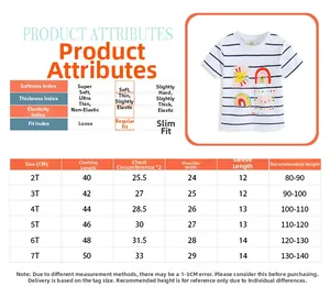 Detailed size chart for girls' short sleeve striped cotton T-shirt with rainbow print