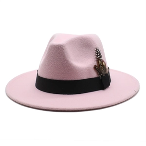 Detailed close-up of light pink wool fedora hat featuring black ribbon and pheasant feather