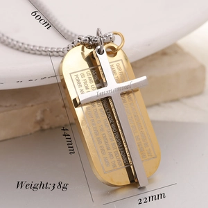 Close-up of gold prayer dog tag and silver Immanuel cross pendant with dimensions