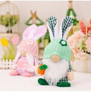 Close-up of Easter gnomes with knit hats and plush textures in a cozy spring setting