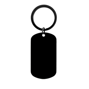 Matte black rectangular metal key tag with matching flat ring for custom engraving