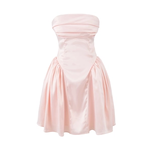 Mini robe bustier rose élégante en satin avec empiècement résille et taille plissée