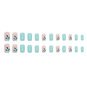 Square mint green and pink press-on nails set with elegant black leaf art patterns