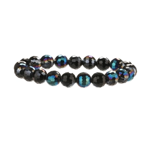 Detail of 10mm faceted crystal beads on elastic bracelet showing black and iridescent finish
