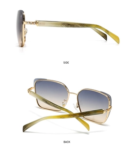 Side and back view of square metal sunglasses with gradient lenses and decorative temples
