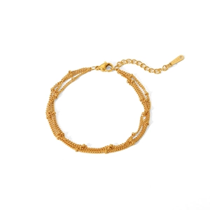 Three-layer 18K gold plated stainless steel chain bracelet with small golden beads