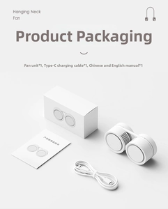 Neck fan set with USB-C cable and manual in minimalist white turbine design