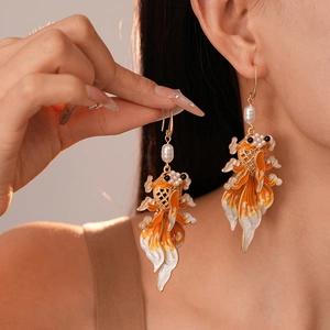 New Chinese style koi fish earrings with imitation pearls and vibrant orange enamel
