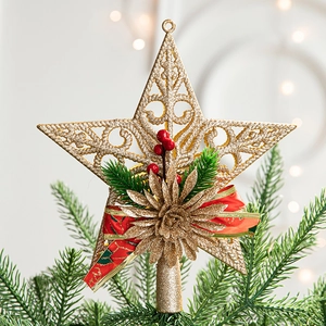 Golden Christmas tree star topper with glitter, red berries, and decorative festive bow