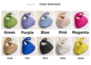Grid view of quilted puffer shoulder bags in ten vibrant colors with textured fabric