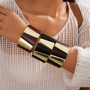 Acrylic And Alloy Elastic Wide Bangle Geometric Patchwork Cuff Bracelet Retro Fashion Jewelry For Women