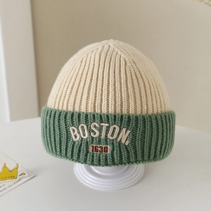 Close-up of Boston embroidery on contrast color knit hat with high quality stitching