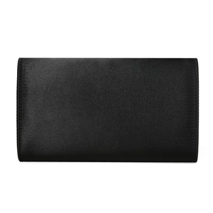 Close-up of minimalist black satin evening clutch bag with sleek rectangular design