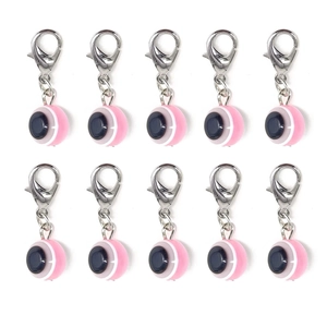 Set of 10 pink evil eye charms with silver lobster clasps on a clean white background