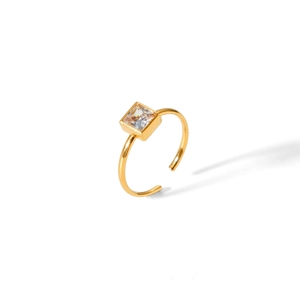 Detail of 18k gold plated stainless steel ring with a square cut zircon stone