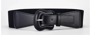Close-up of black elastic waist belt with textured faux leather buckle and metal pin
