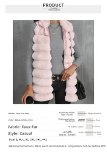 Détail du gilet en fausse fourrure rose à rayures et tableau des tailles du S au 4XL