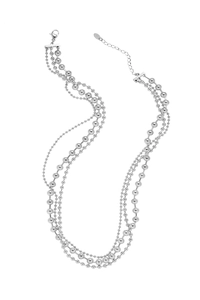 Detailed view of multi-layered silver bead necklace with adjustable lobster clasp closure