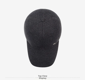 Top view of dark grey twill baseball cap with six-panel construction and metal accent