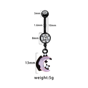 Black moon belly ring with purple heart pendant and clear zircon stone on white background