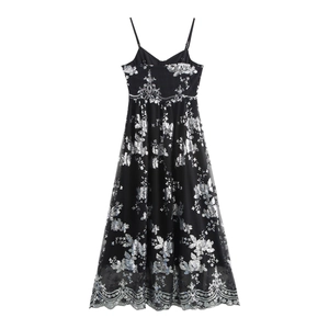 Damen Pailletten Maxikleid Tiefer V Ausschnitt Rückenfrei Hohe Taille Silberne Blumenstickerei Party Abendkleid Elegant Mesh