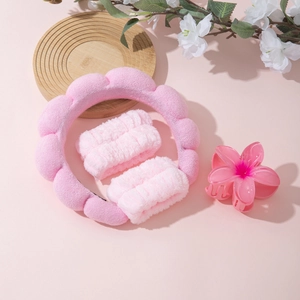 Pink microfiber sponge headband set with wristbands and flower hair claw for skincare