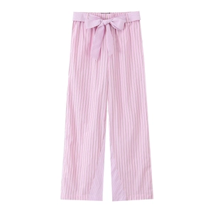 Pantalon large rayé rose et blanc avec ceinture à nœud assortie pour femme