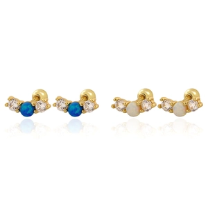 S925 Sterling Silver Opal Stud Earrings For Women Tiny Zircon Triple Stone Cartilage Piercing Jewelry Minimalist Screw Back