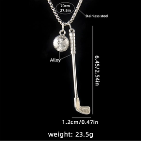 Detailed product dimensions for the silver golf club and ball stainless steel necklace
