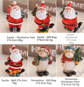 Detail set of six assorted resin Christmas figurines featuring Santa Claus and snowman
