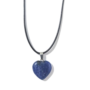 Close-up of blue natural stone heart pendant with marble texture on black cord