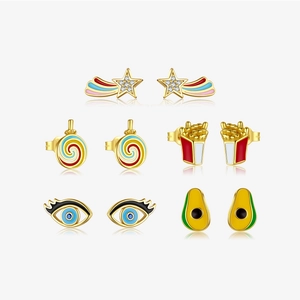 925 Sterling Silver Earring Post Alloy Enamel Stud Earrings For Women Cute Avocado Lollipop French Fries Shooting Star Evil Eye Jewelry