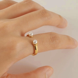 Minimalist 18k gold plated stainless steel open ring with two elegant white pearls