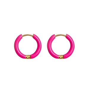 Detail view of pink enamel huggie hoop earrings with 18K gold plated stainless steel hinges