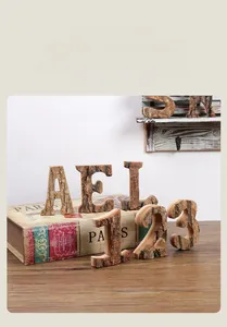 Close-up of vintage wooden letters and numbers with natural bark texture for DIY decor